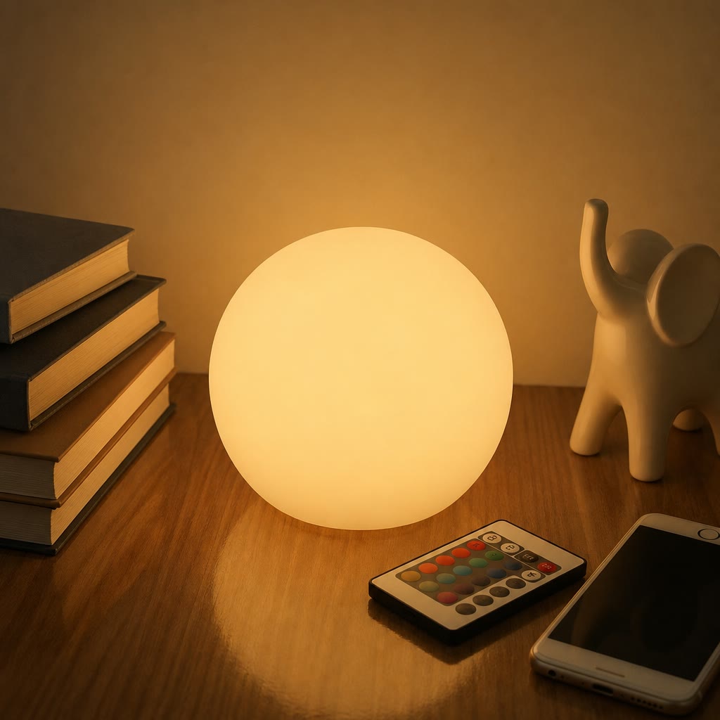 Glowing spherical lamp on a wooden table beside books, a remote, a phone, and a small elephant figurine.