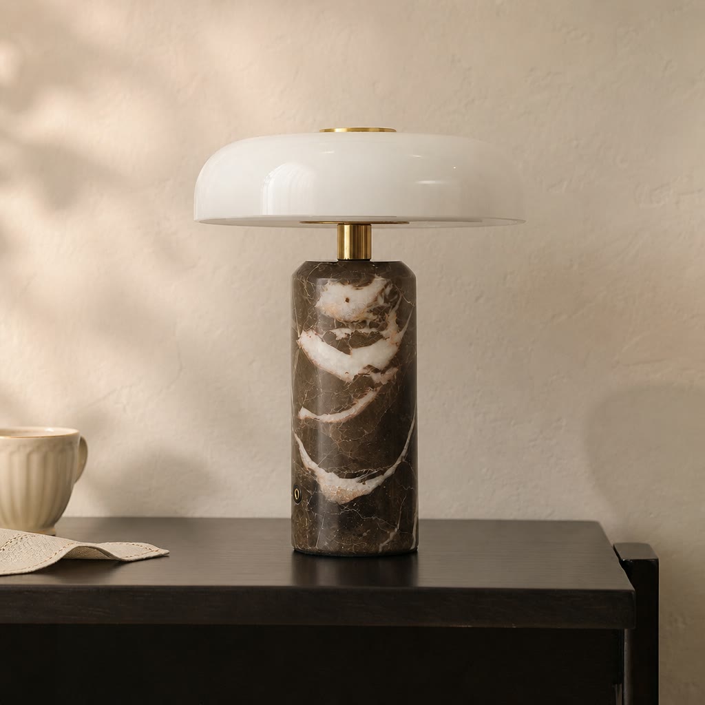 Marble table lamp with a white dome shade and brass accents on a dark bedside table.