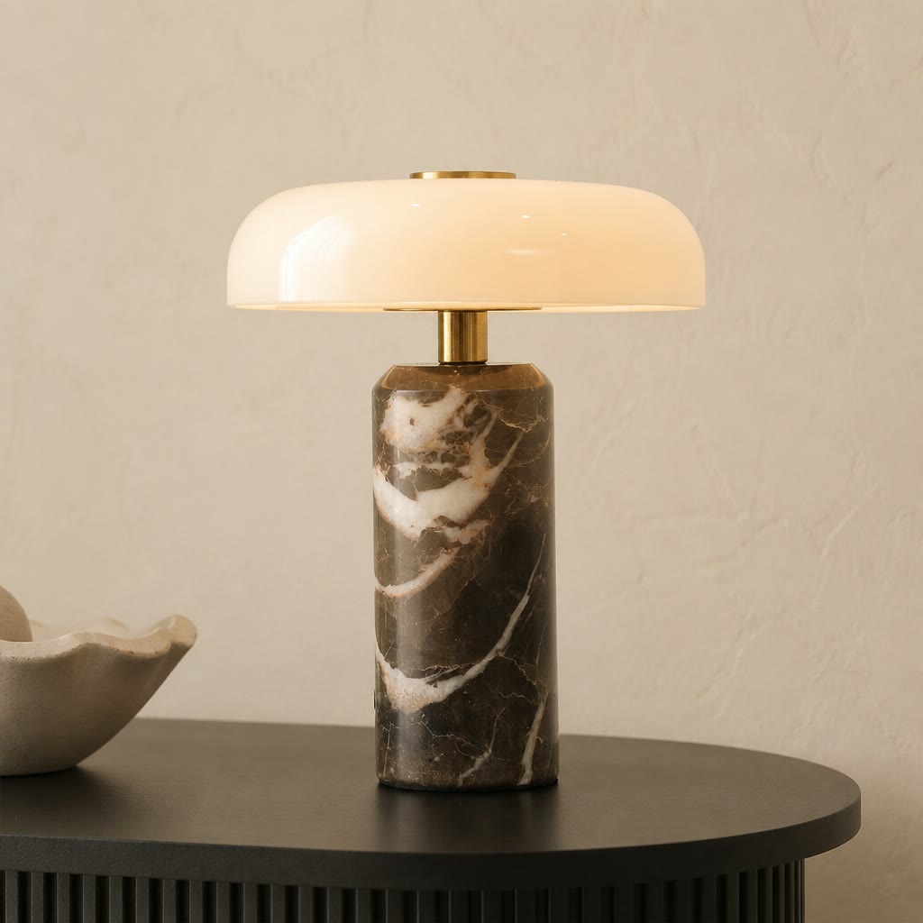 Marble-base table lamp with a glowing white dome shade on a dark side table.