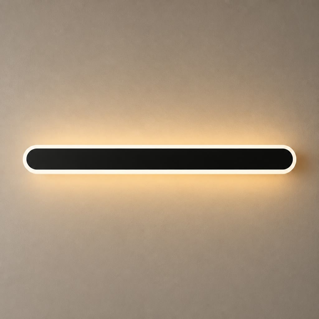 Long black rounded wall light with a white rim casting a warm glow.