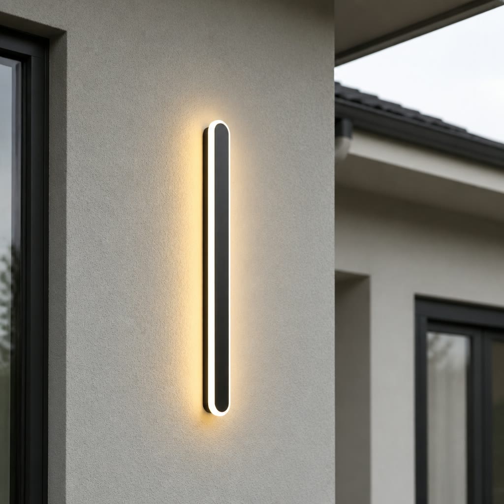 Vertical black outdoor wall light glowing warmly on a modern stucco exterior.