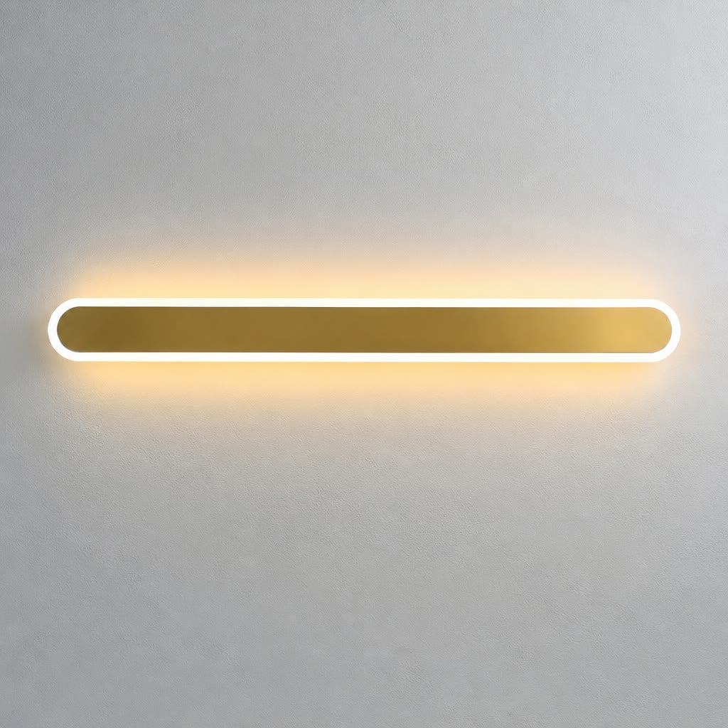Long rounded wall light with a white glowing rim and warm amber center on a pale gray wall.