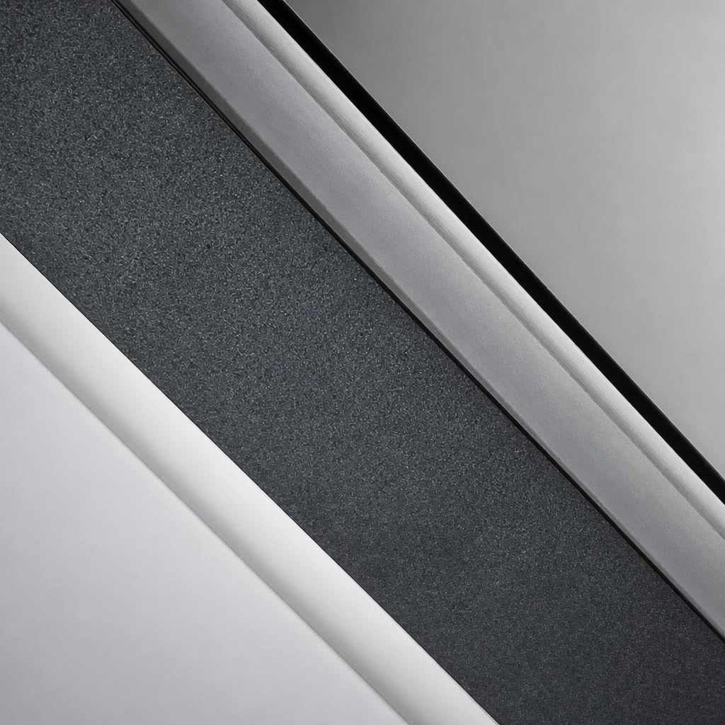 Close-up of a dark textured strip bordered by white and silver trim.
