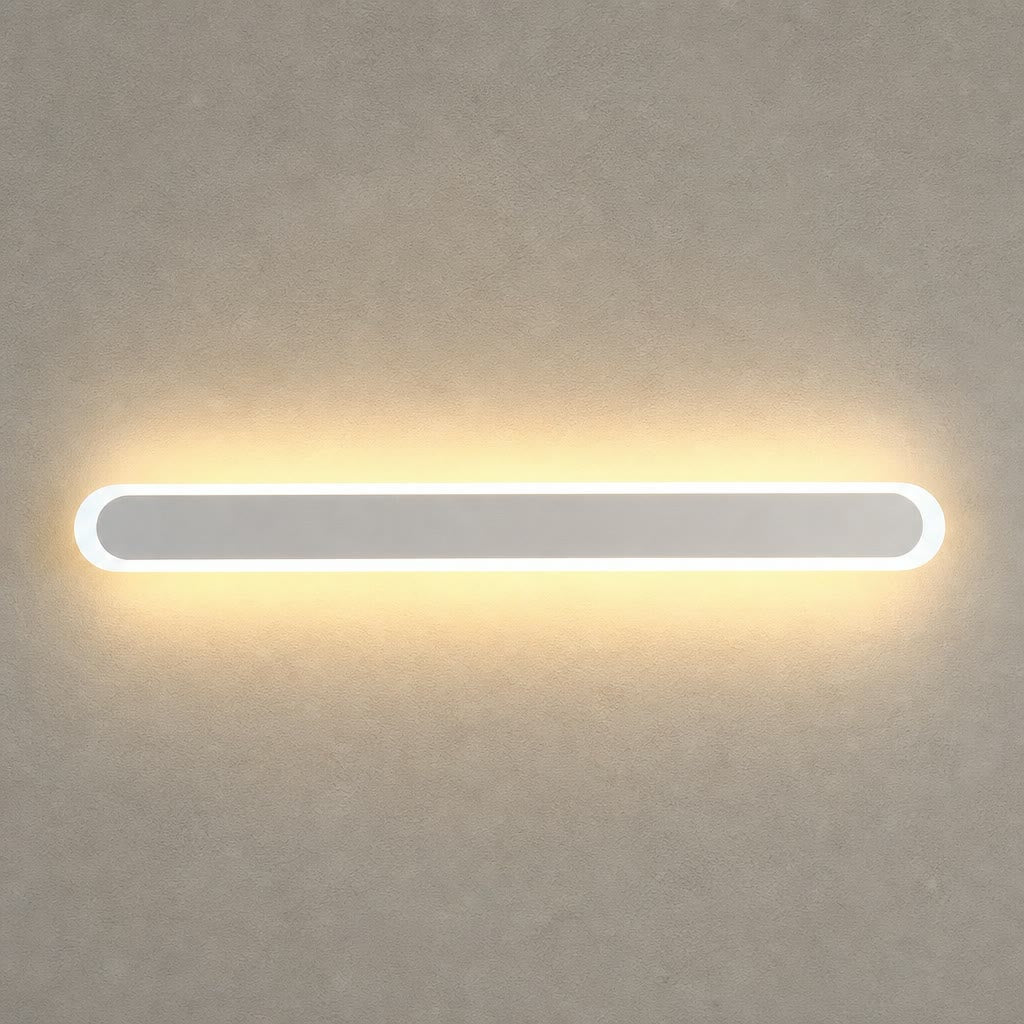 Long rounded wall light with a warm glow on a neutral textured wall.