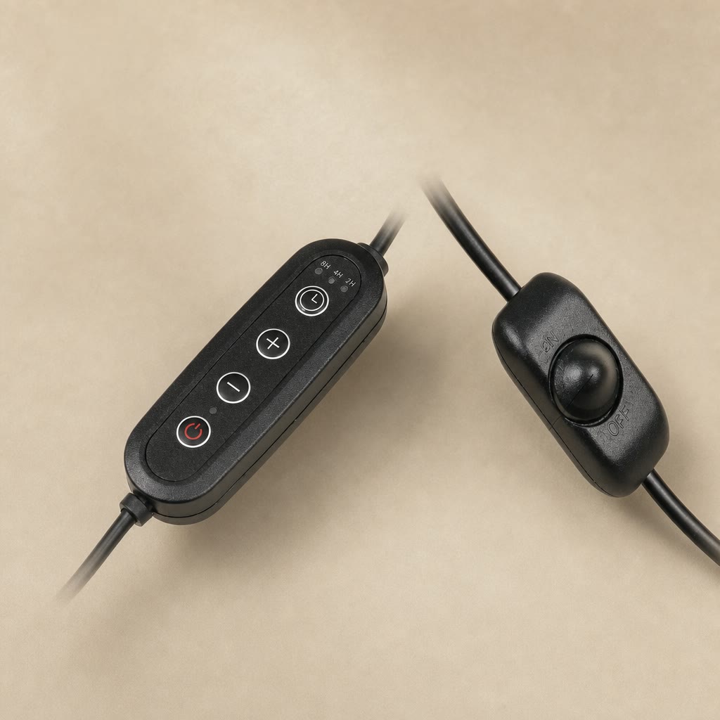 Two black inline cord switches, one with timer buttons and one dimmer switch, on a warm beige background.