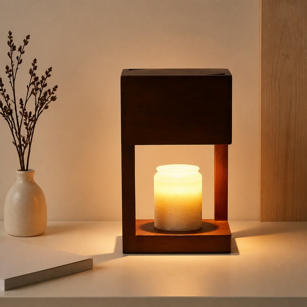 Dark wooden frame lamp with a glowing candle jar on a tabletop.