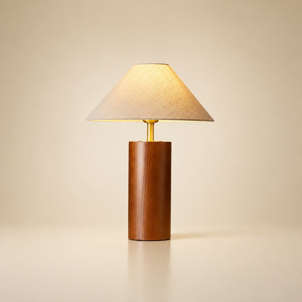 Wooden table lamp with beige fabric shade and brass neck on a plain warm background.