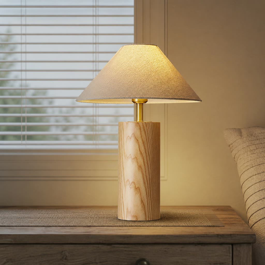 Wooden table lamp with beige shade glowing on a bedside surface.