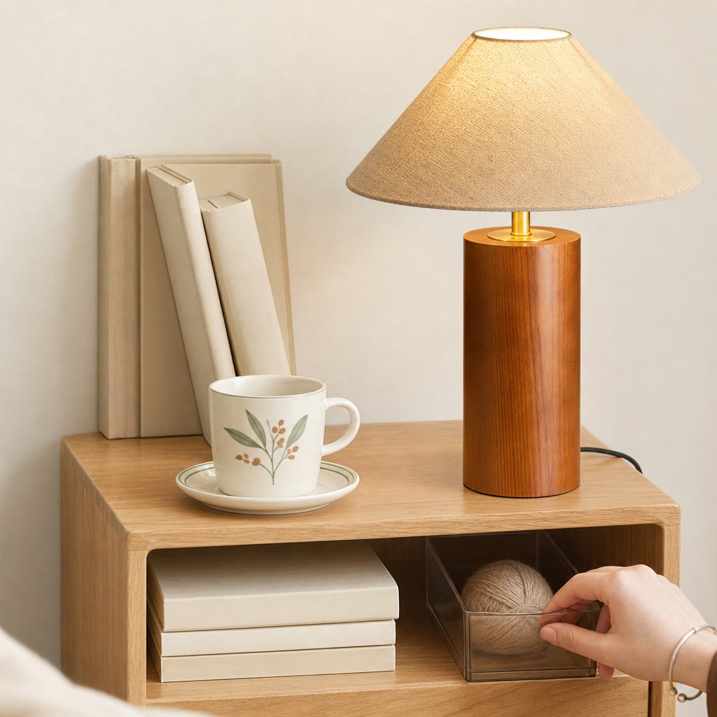 Wooden table lamp with beige shade on a shelf beside a mug, books, and a yarn box.