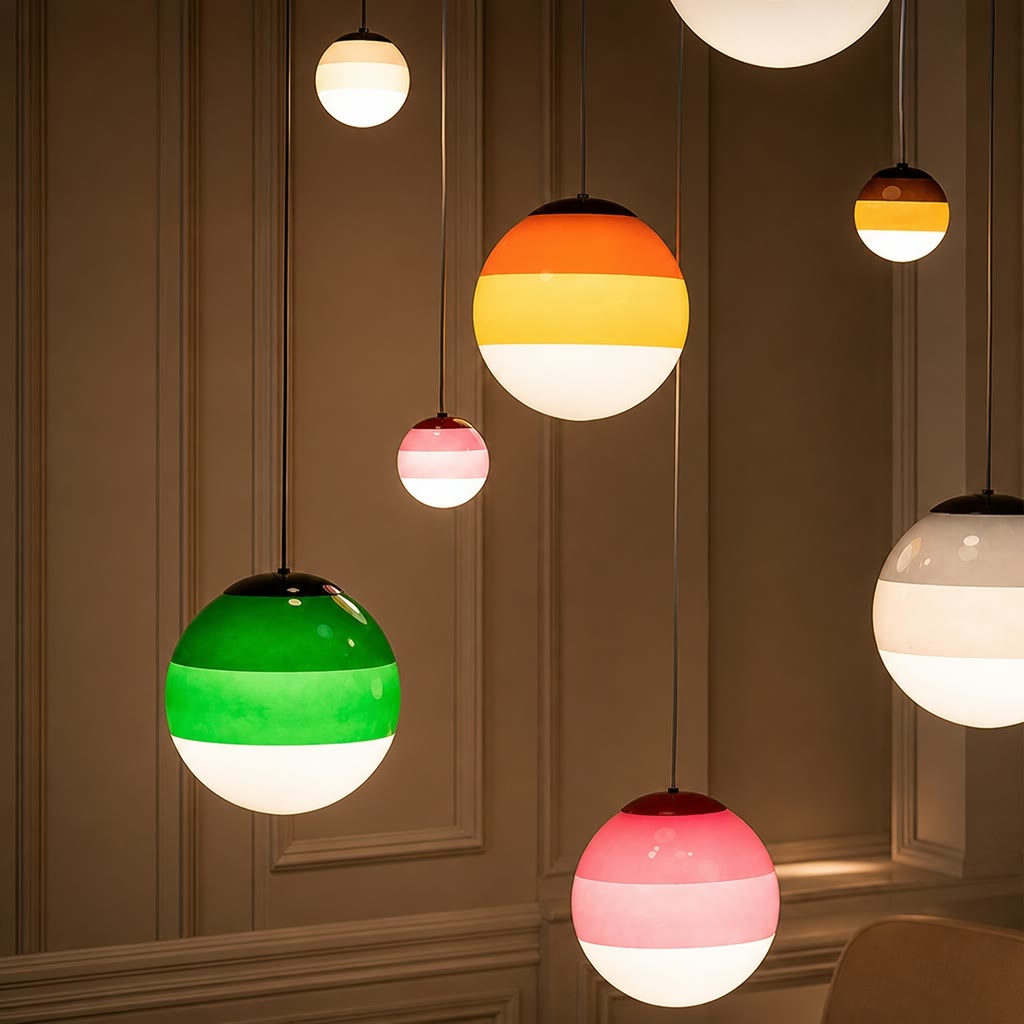 Colorful striped globe pendant lights hang in a warm room with paneled walls.