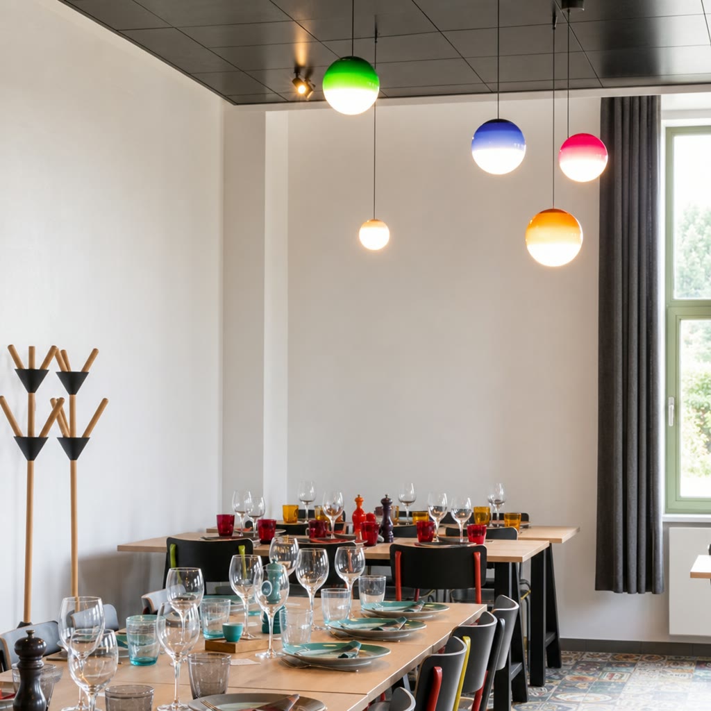 Colorful spherical pendant lights hang above a long dining table set with glassware and plates.