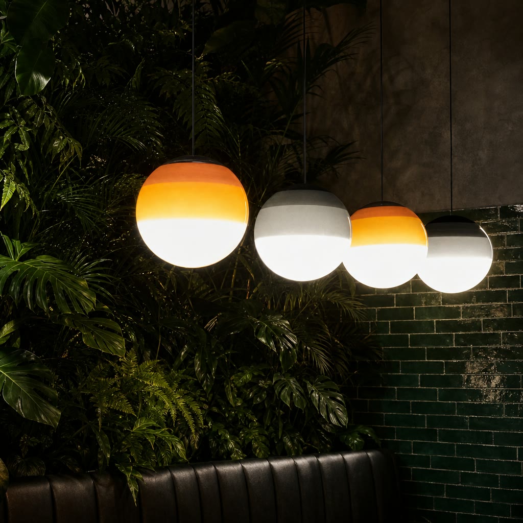 Four glowing spherical pendant lights with orange and white bands hang above lush indoor plants.