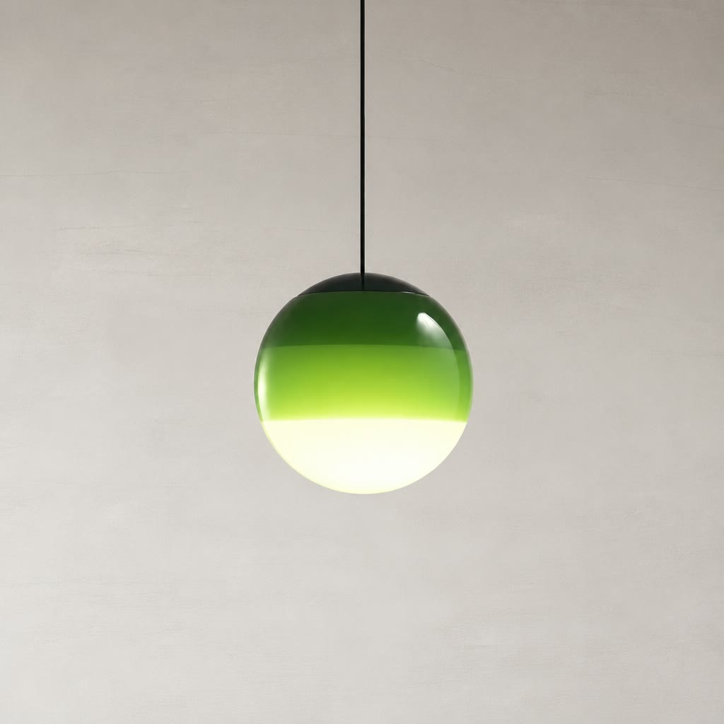 Green glass globe pendant light hanging from a black cord against a pale minimalist wall.