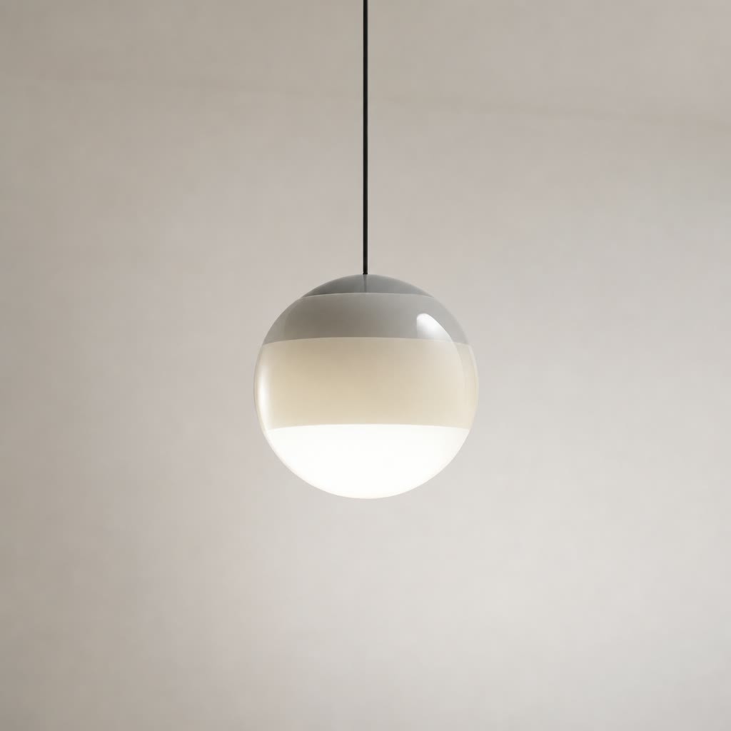 Glossy spherical pendant light with a black cord and warm glowing white lower half.