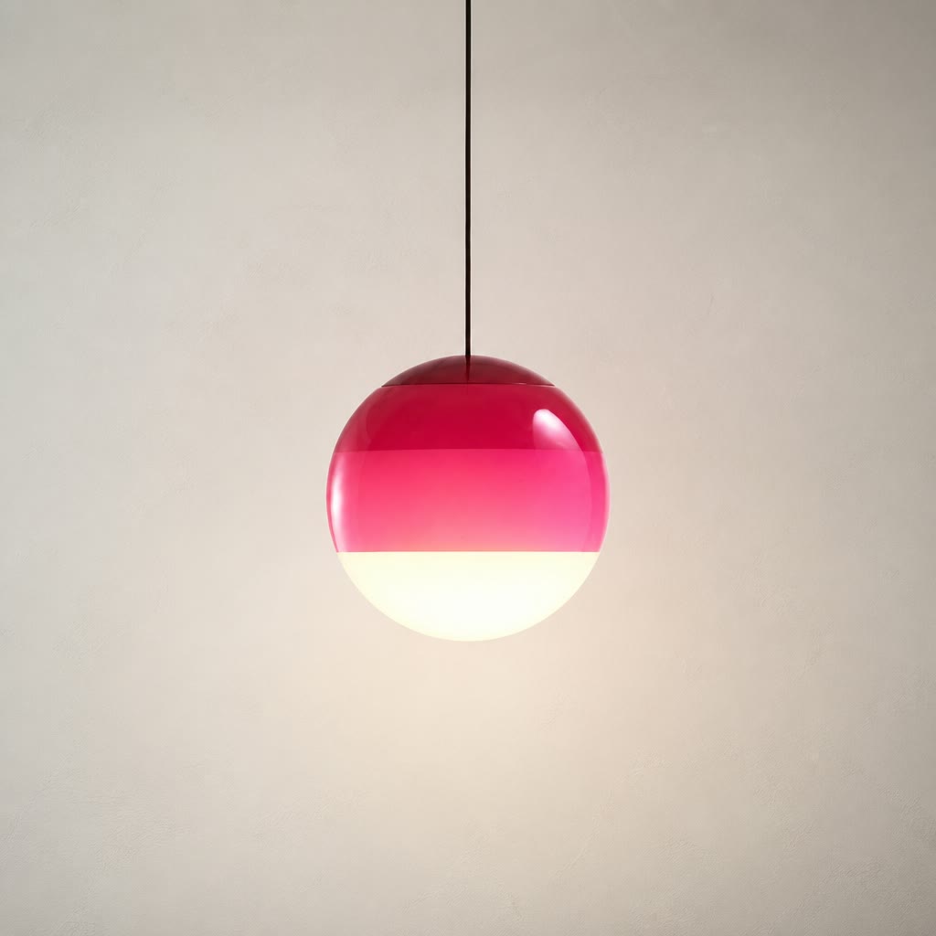 Pink and white spherical pendant lamp hanging from a thin cord.