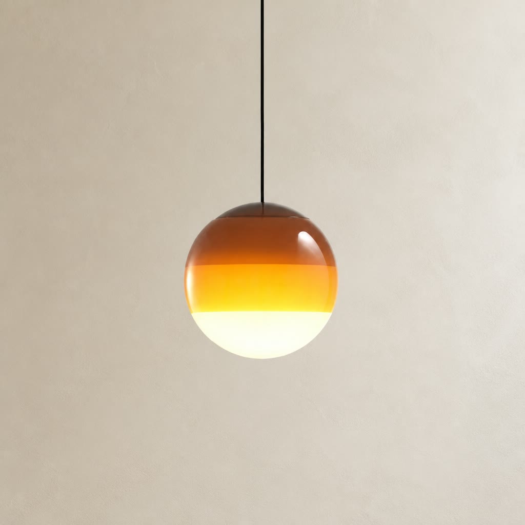 Amber gradient glass globe pendant light hanging from a black cord against a pale wall.