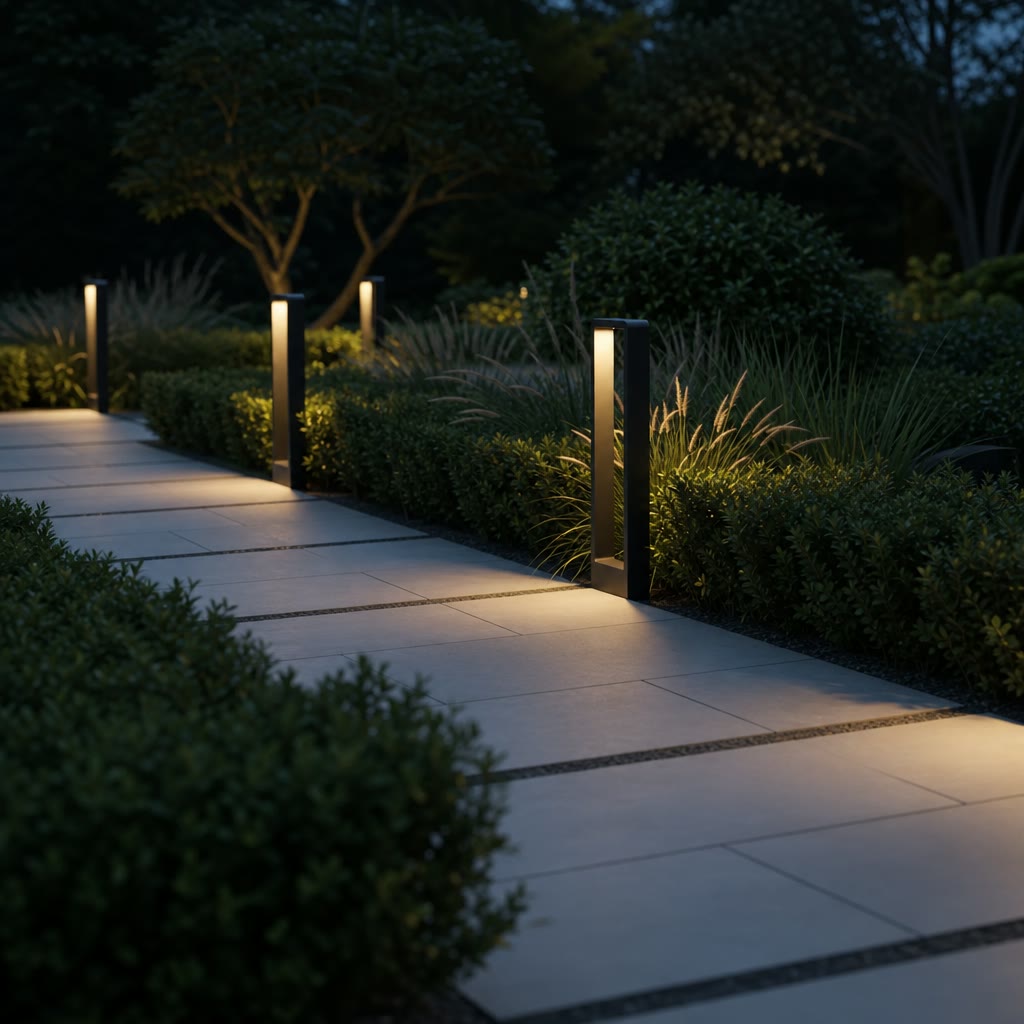 Black rectangular bollard lights illuminate a tiled garden walkway at dusk.