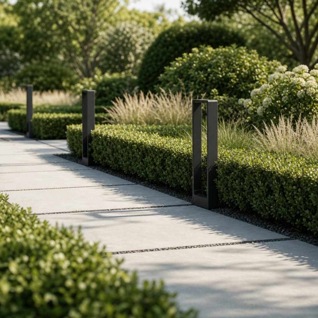 Black rectangular garden bollard lights line a paved walkway among green hedges.