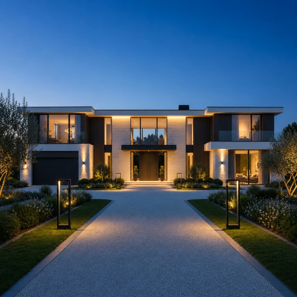 Modern two-story luxury home with glass balconies, warm lighting, landscaped gardens, and a broad driveway.