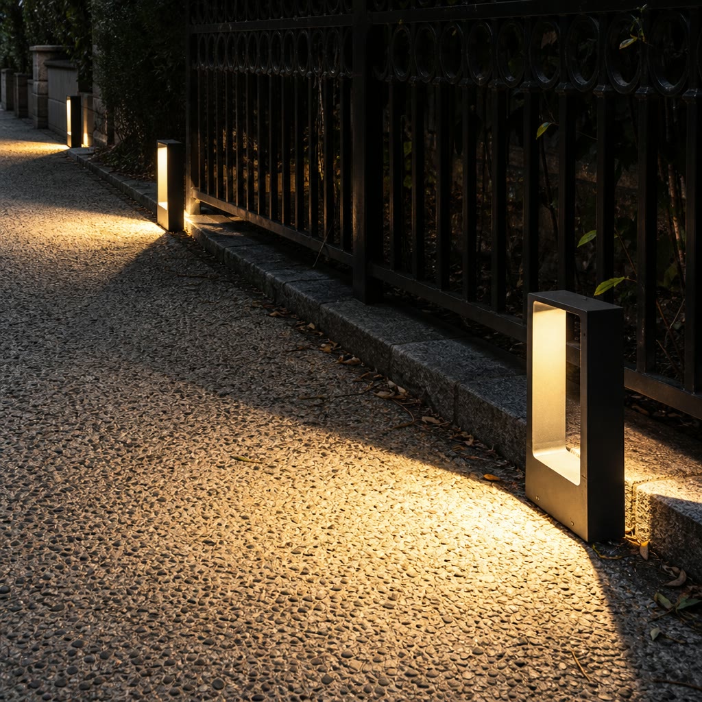 Black rectangular outdoor bollard lights illuminate a pebble walkway beside a dark metal fence.