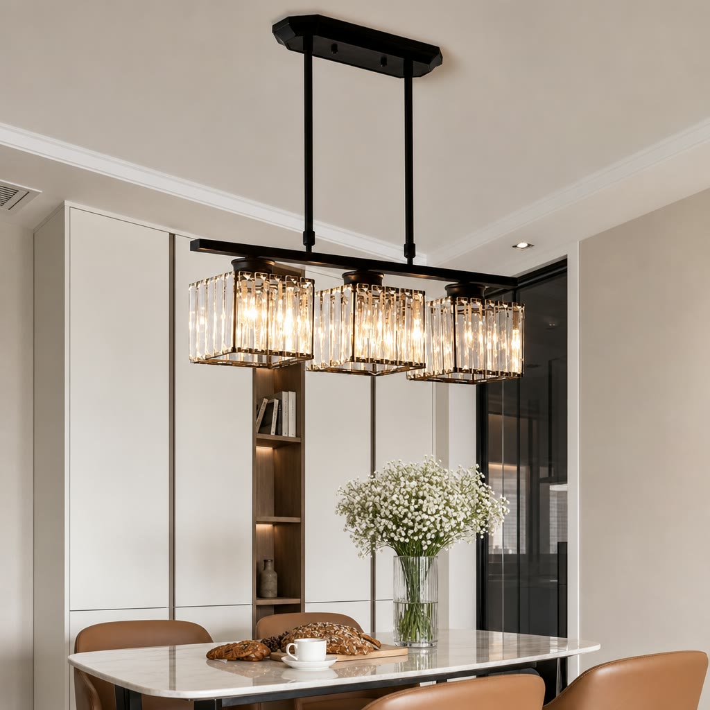 Black three-light rectangular crystal pendant chandelier glowing above a modern dining table.