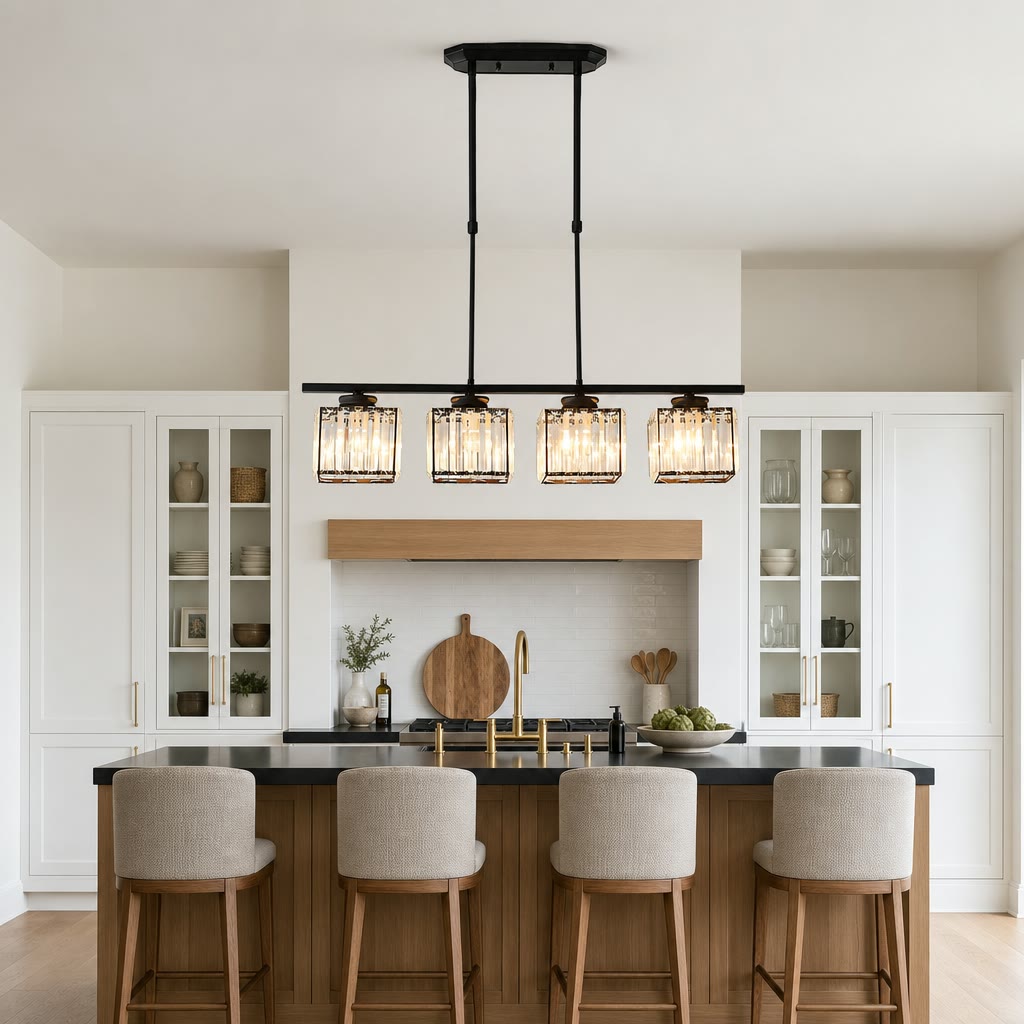 Four-light black linear chandelier with glowing crystal shades over a kitchen island.