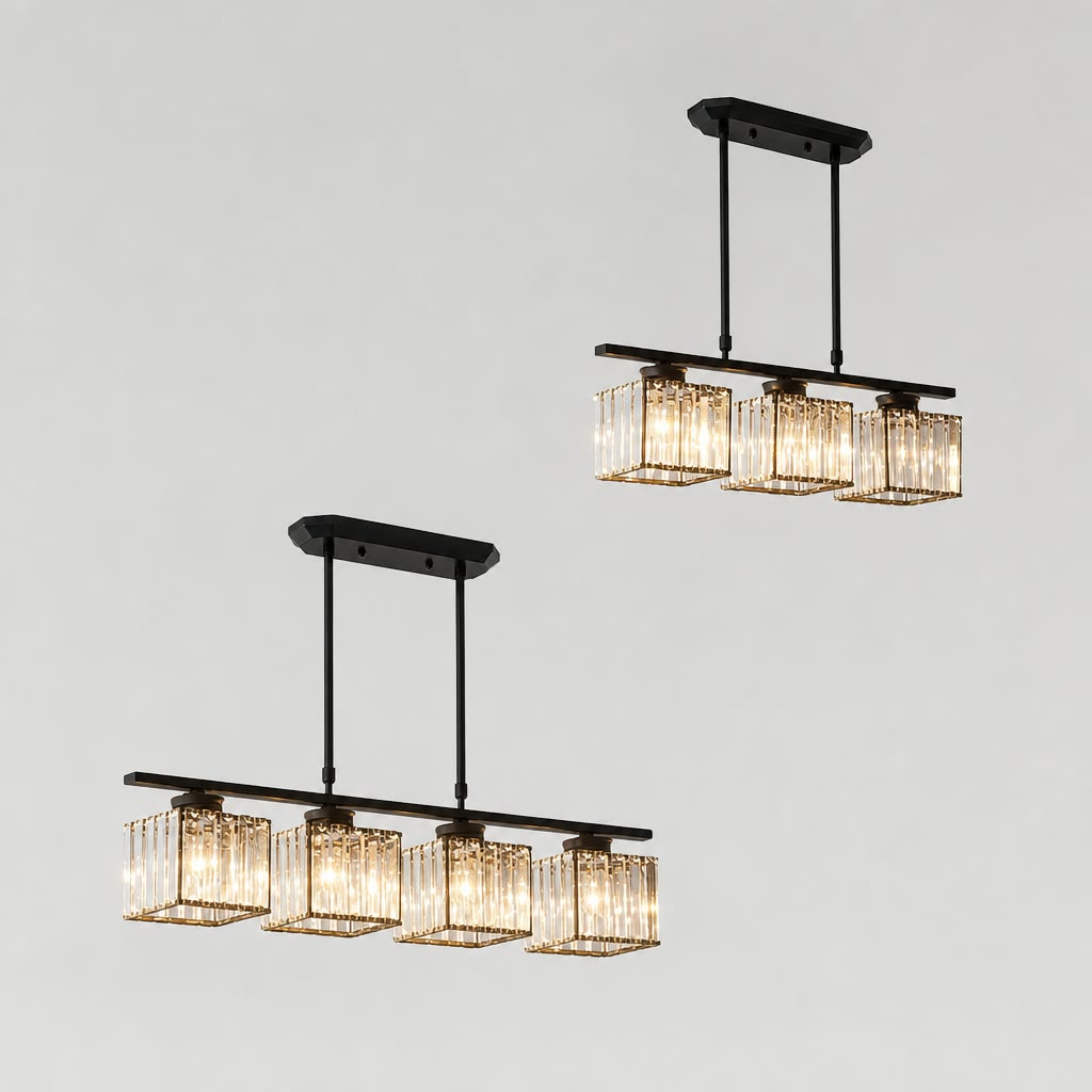 Black linear crystal pendant chandeliers with warm glowing cube shades on a gray background.