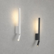 Two slim wall-mounted sconces in white and black cast warm light on a gray textured wall.