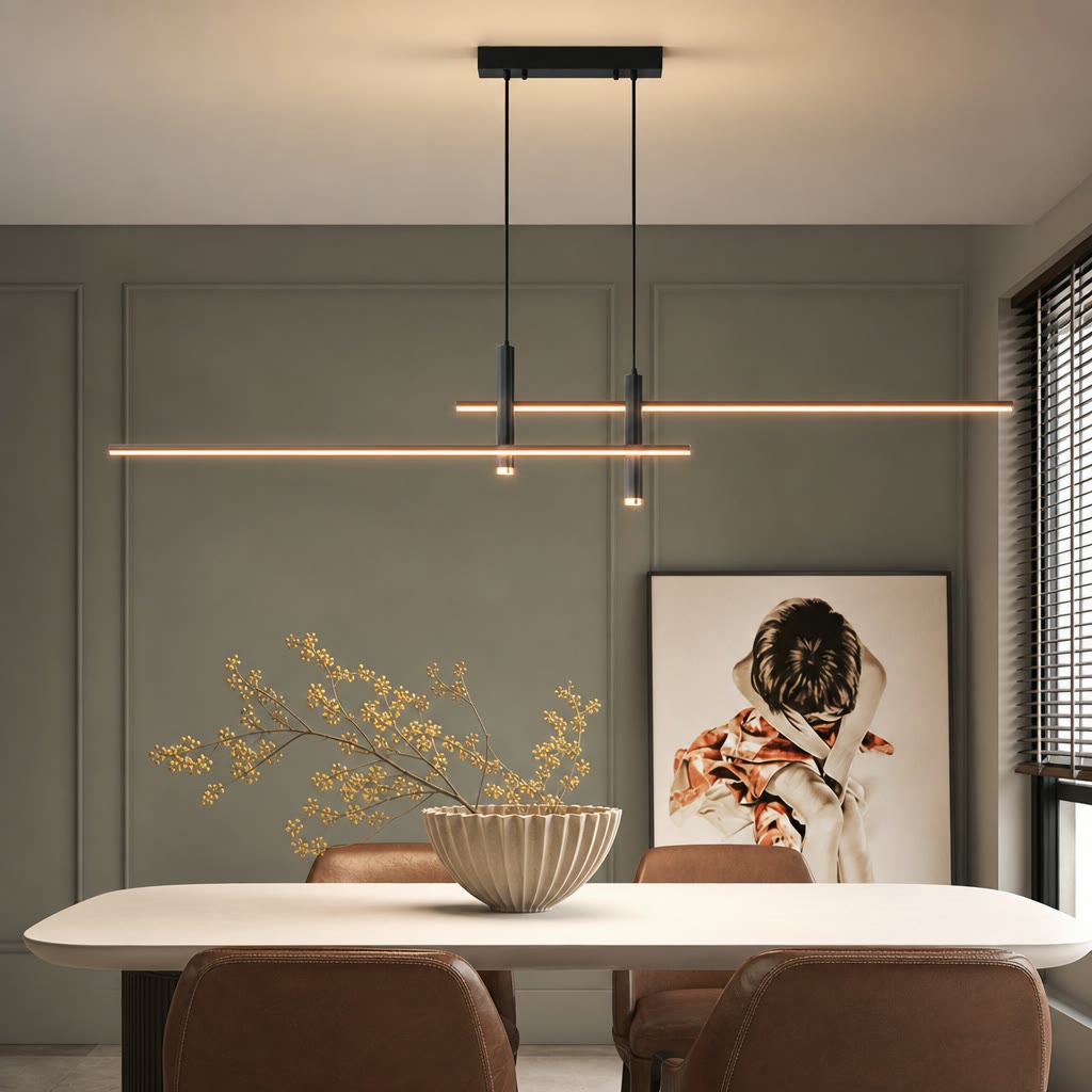 Modern black linear pendant light glowing warmly above a dining table in a stylish room.