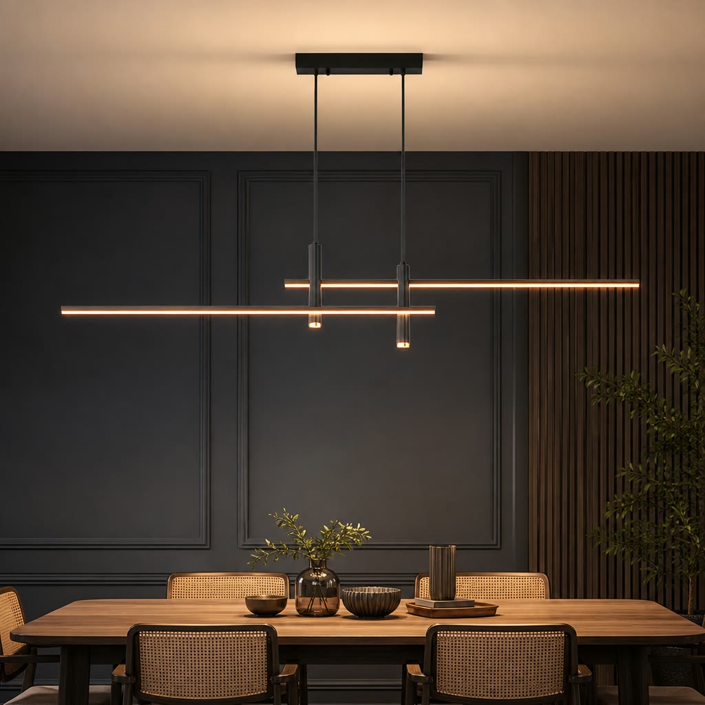 Black linear pendant light with warm glowing LED bars above a modern dining table.