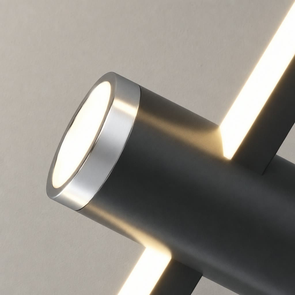 Matte black cylindrical wall light with glowing circular end and warm diagonal light bars.