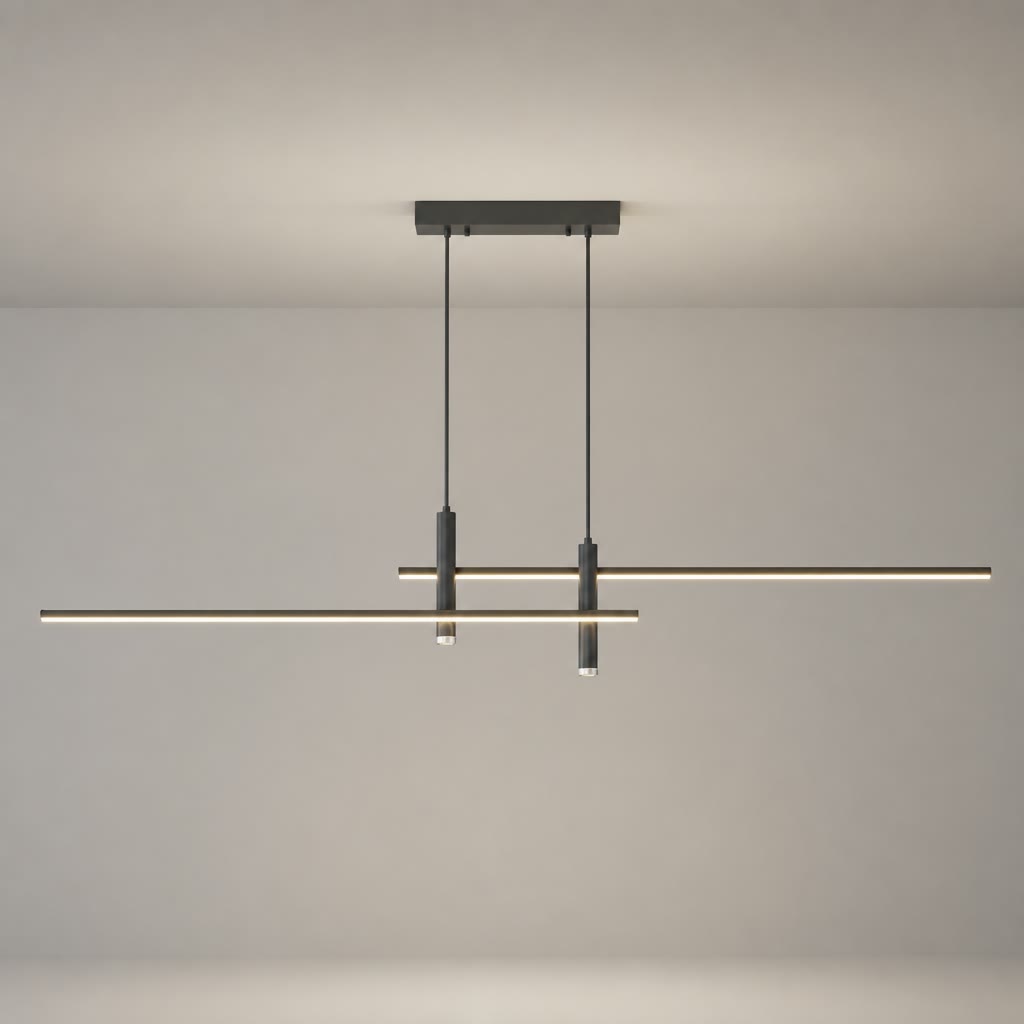 Slim linear pendant light with two hanging wires and dark cylindrical mounts on a neutral gray background.