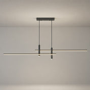 Slim linear pendant light with two hanging wires and dark cylindrical mounts on a neutral gray background.