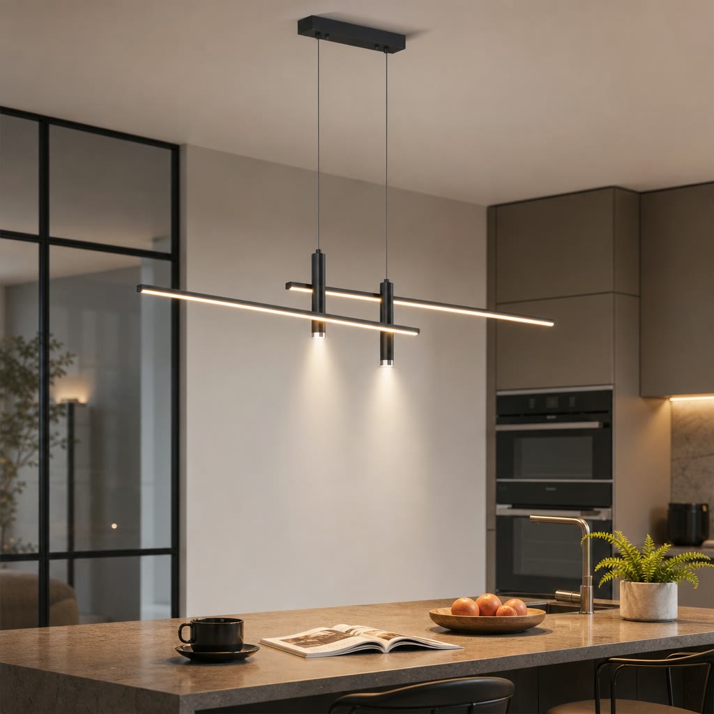 Black dual-bar linear pendant light hanging above a modern kitchen island.