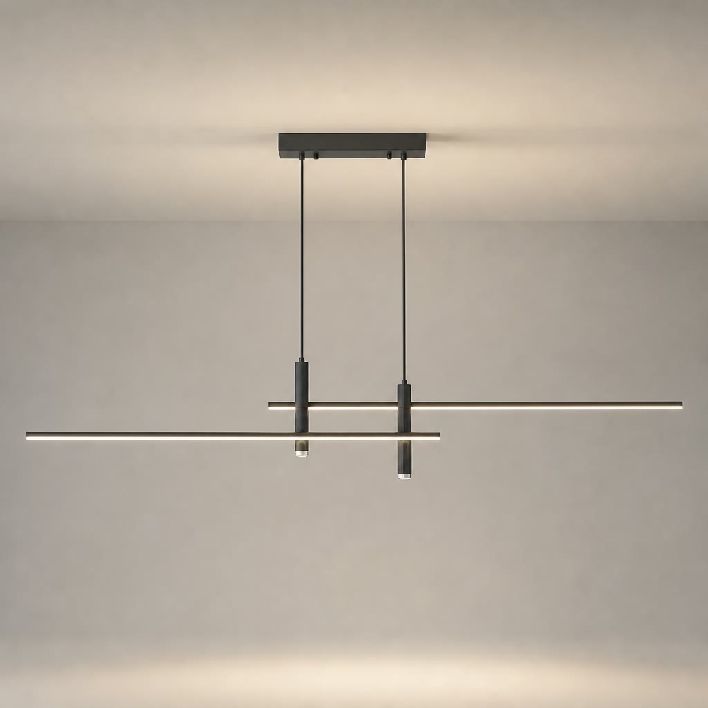 Slim black linear pendant light with twin suspension wires and cylindrical mounts.
