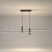 Slim black linear pendant light with twin suspension wires and cylindrical mounts.
