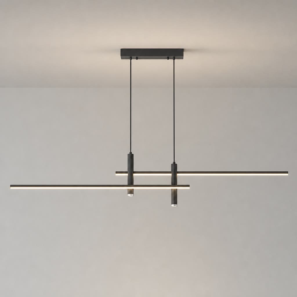 Minimal black linear pendant light with two slim horizontal LED bars suspended from a rectangular ceiling mount.