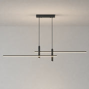 Minimal black linear pendant light with two slim horizontal LED bars suspended from a rectangular ceiling mount.