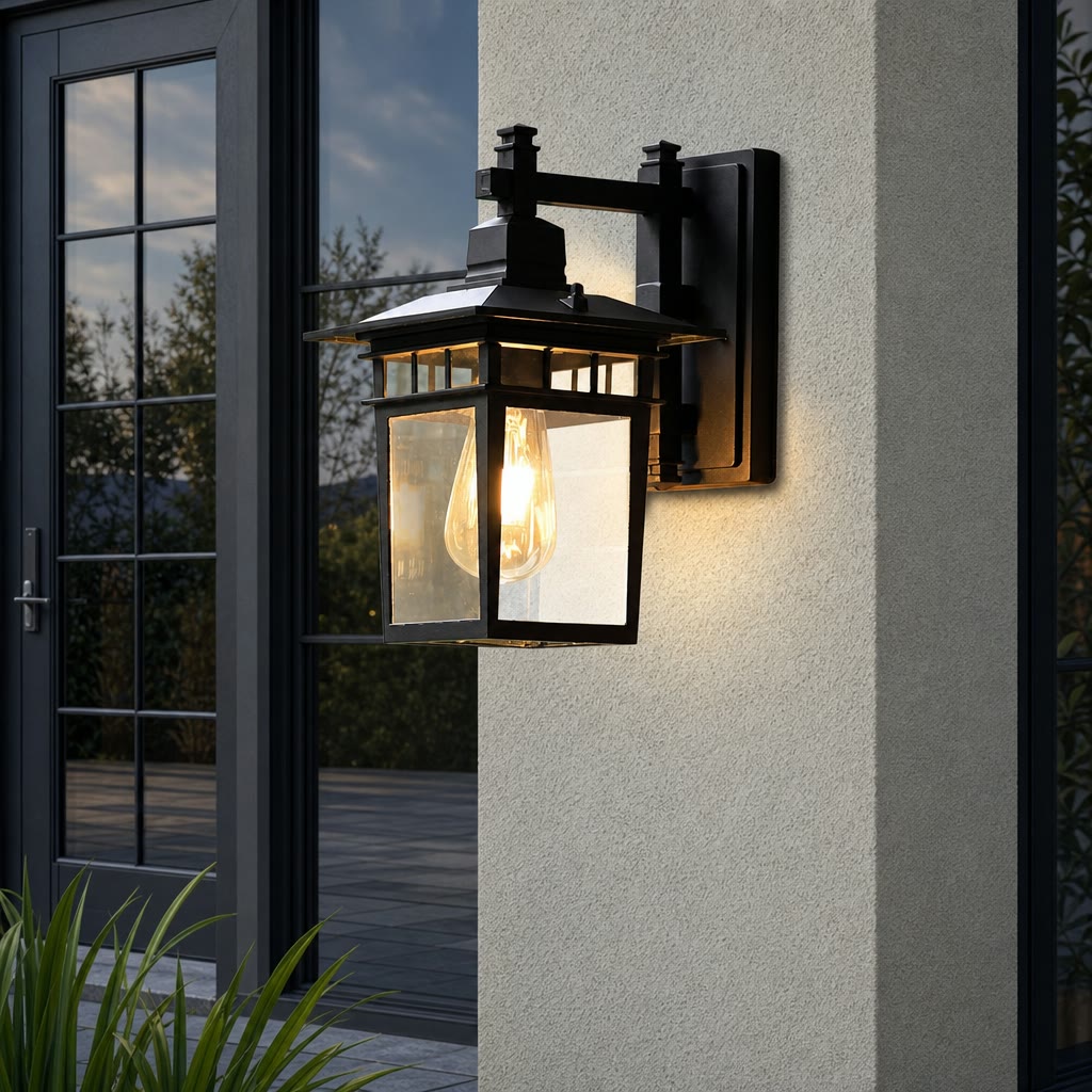 Black outdoor wall lantern with glass panels glowing on a light stucco exterior.