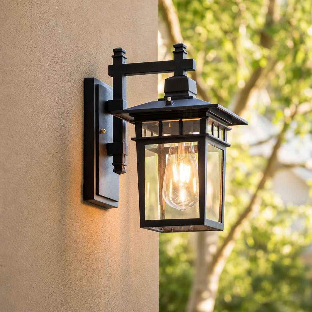 Black outdoor wall lantern with glass panels and a glowing Edison bulb.