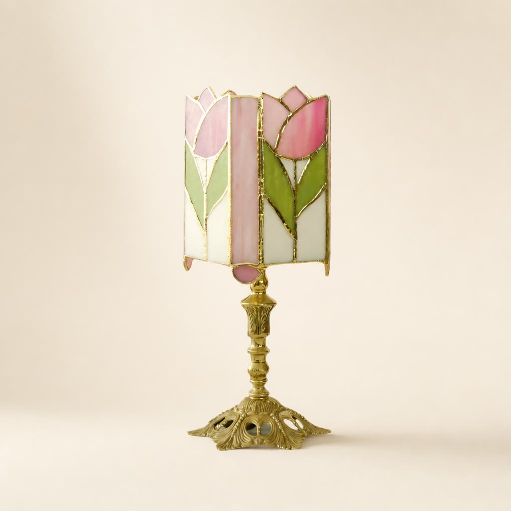 Pink tulip stained glass table lamp with ornate gold base on a pale neutral background.