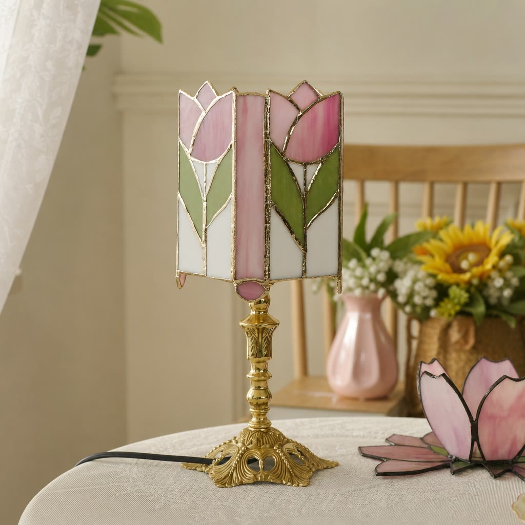 Pink tulip stained glass table lamp with an ornate gold base on a table.