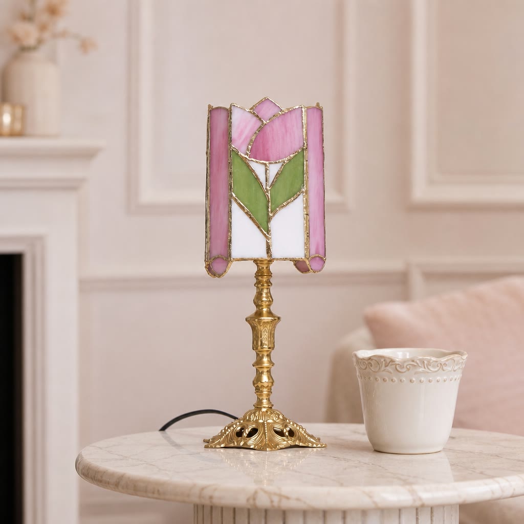 Pink floral stained-glass table lamp with ornate gold base on a marble side table.