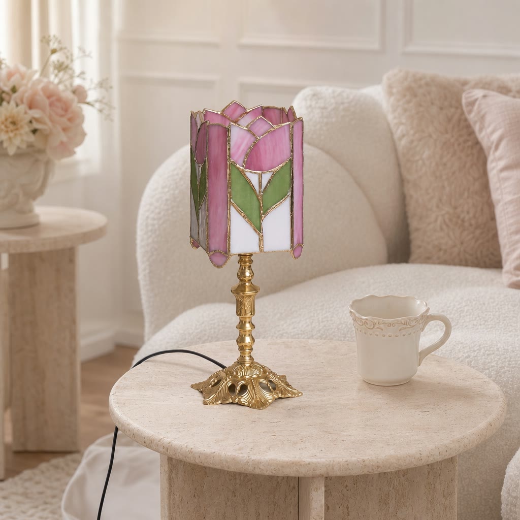 Pink tulip stained glass table lamp with ornate brass base on a round stone table.