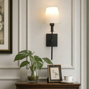 Black wall sconce with glowing white shade above a wooden table with a small leafy plant.