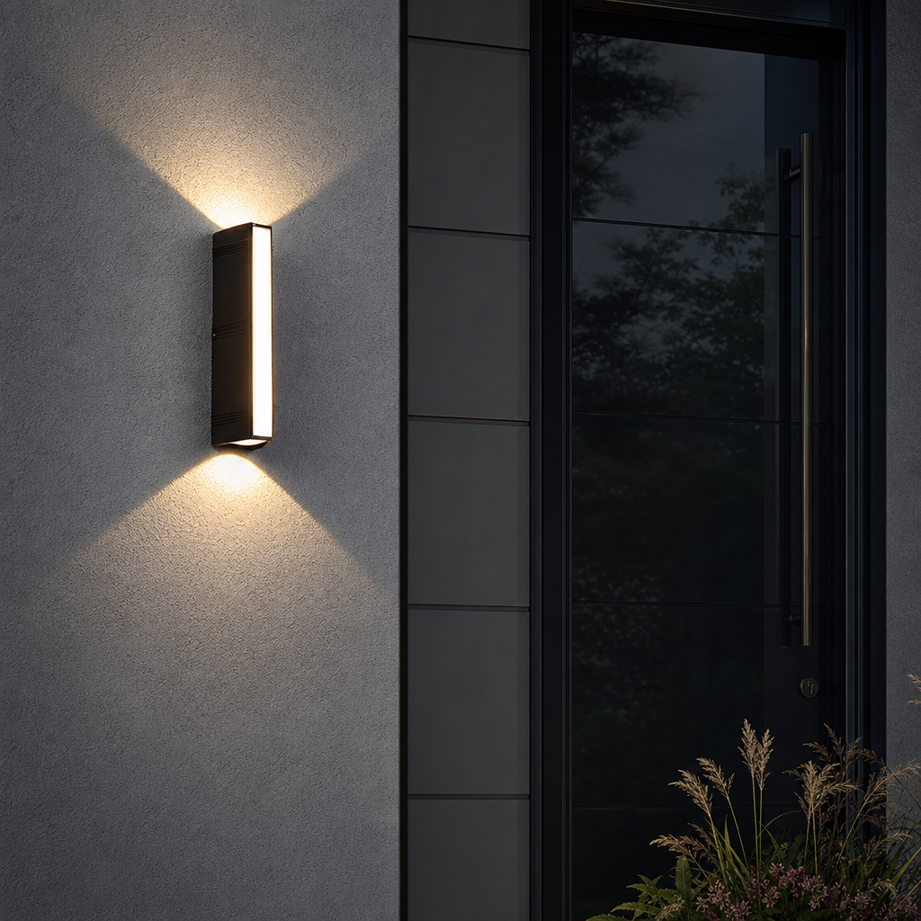 Rectangular black outdoor wall light glowing on a textured wall beside a dark front door.
