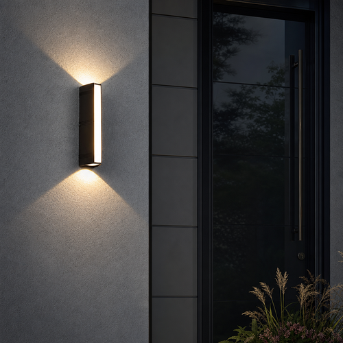 Rectangular black outdoor wall light glowing on a textured wall beside a dark front door.