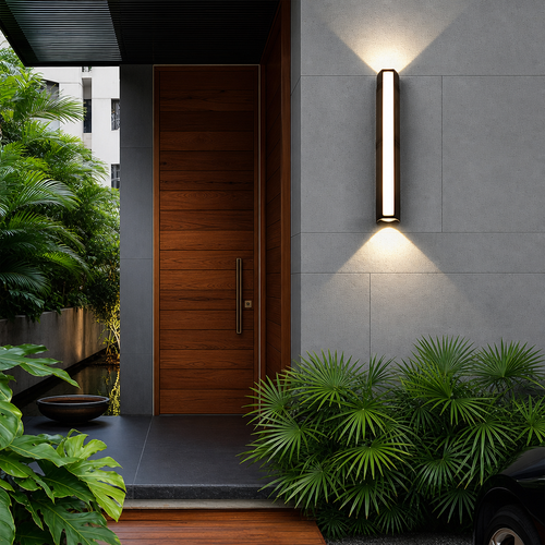 Vertical wall light glowing beside a wooden entry door among lush tropical plants.
