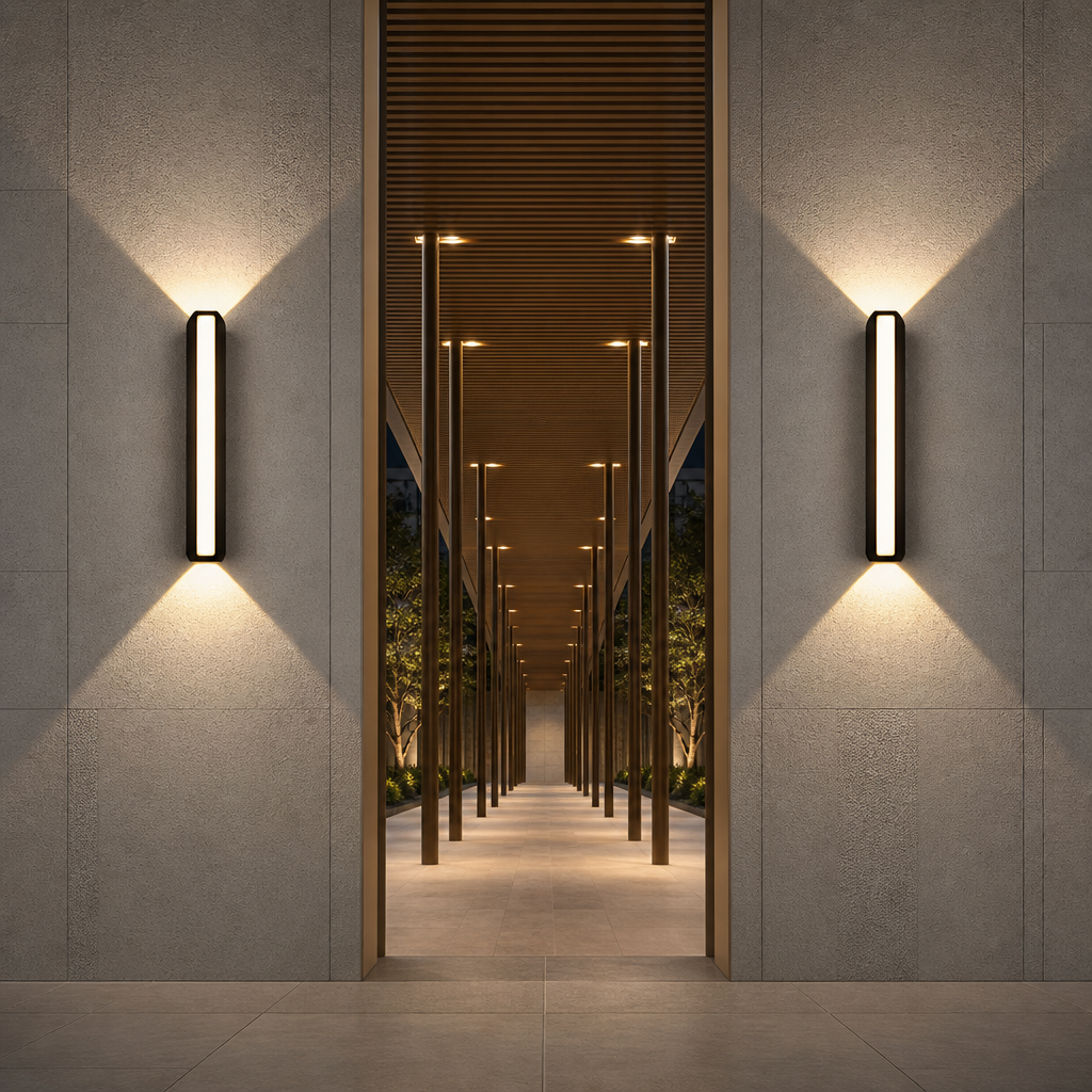 Two black vertical wall sconces cast warm light on textured walls flanking a modern corridor.