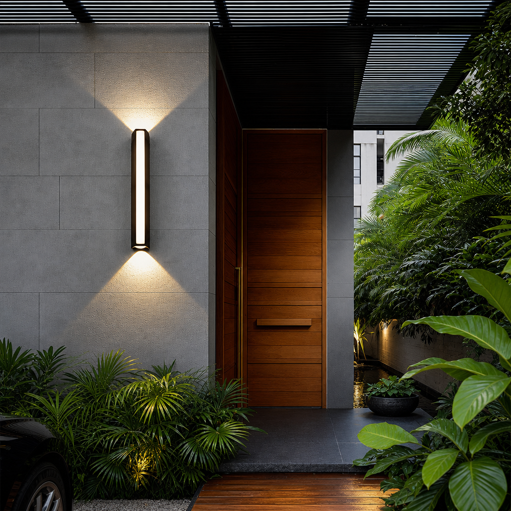 Slim vertical outdoor wall light illuminating a modern entryway with tropical greenery.